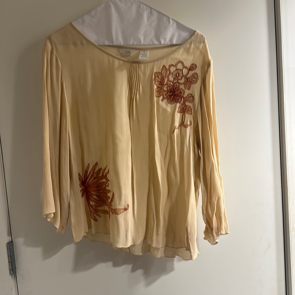 J. Jill semi-sheer cream blouse red beading and embroidery, M